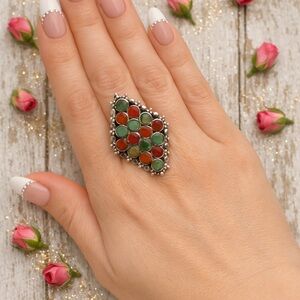 Green Turquoise & Italian  Coral Cluster Snake Eyes Ring Adjustable